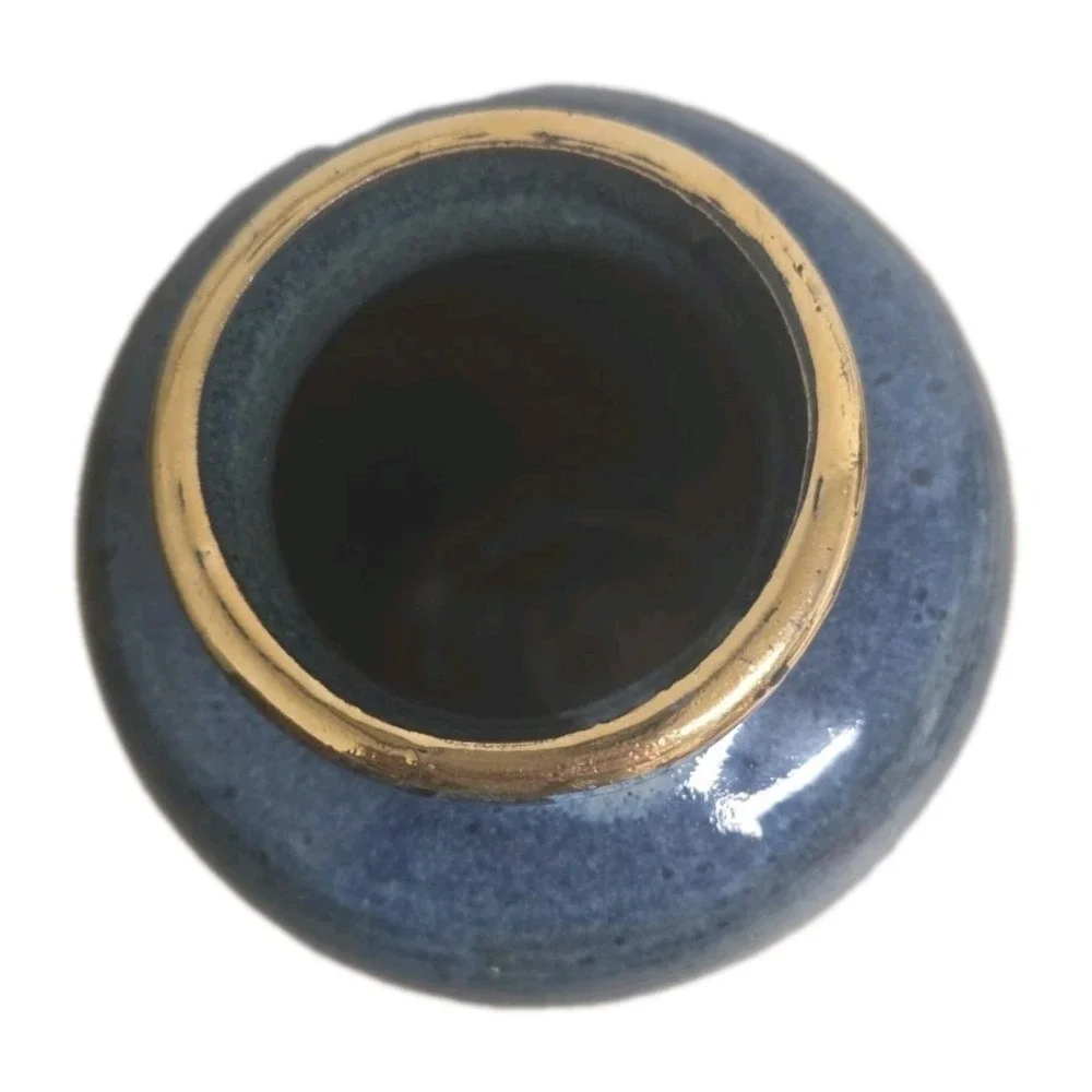 Studio Art Pottery‎ Blue Vase Gold Drip Signed Handmade 8